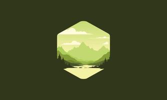Landscape badge of mountains, calm river and silhouettes of pine trees, soft green gradations layered vector