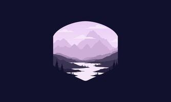 Landscape badge of mountains, calm river and silhouettes of pine trees, soft green gradations layered vector