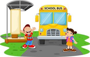 Cartoon kids going to school with school bus vector