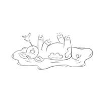 Sketch of a cute pig bathing in mud. Simple children's illustration in doodle style vector