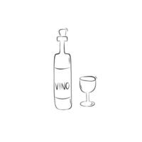 Sketch of a wine bottle with a glass. Simple illustration in doodle style vector