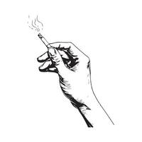 Hand holding cigarette in line art, sketch style. isolated on white background vector
