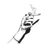 Hand holding cigarette in line art, sketch style. isolated on white background vector
