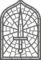 Church glass window. Gothic arch frame with medieval symbol. Vintage architecture element. Stained mosaic decoration with sword png