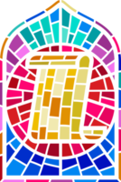 Church glass window. Gothic arch frame with medieval symbol. Vintage architecture element. Stained color mosaic decoration with paper scroll png