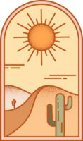 Desert boho logo with sun and mountains. Abstract bohemian textured illustration with cactus and minimal landscape. Arch and window. Design element for poster and decoration png