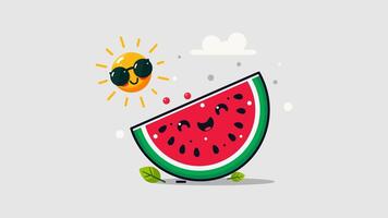 Cute Watermelon Character and Sunrise Flat Design. This charming design features a cute watermelon alongside a sunrise, creating a warm and playful vibe. Ideal for summer-themed and cheerful visuals vector