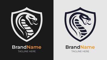 Bold logo with an enraged cobra in monochrome, framed by a shield. Perfect for logos needing a fierce, protective theme vector