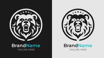 Monochrome Angry Bear Head Logo in Shield. Powerful monochrome logo featuring an angry bear head in a shield with stars above and custom name and tagline below. Ideal for sports and branding vector