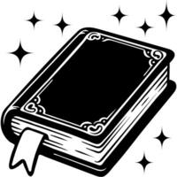Closed fairy tale book with bookmark and hardcover in monochrome. Simple minimalistic in black ink drawing on white background vector
