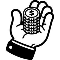 Stack of American coins lies on open palm in monochrome. Simple minimalistic in black ink drawing on white background vector