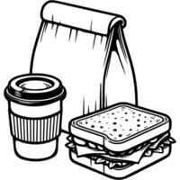 Paper bag for dessert sandwich and coffee to go in monochrome. Simple minimalistic in black ink drawing on white background vector