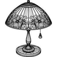 Bedside lamp with lampshade decorated with floral patterns in monochrome. Simple minimalistic in black ink drawing on white background vector