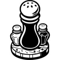 Set of hodgepodge and pepper shakers on a wooden stand in monochrome. Simple minimalistic in black ink drawing on white background vector
