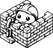 Builder in safety helmet builds brick wall in monochrome. Young aspiring specialist. Simple minimalistic in black ink drawing on white background vector