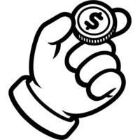 Banker hand gives gold dollar coin in monochrome. Simple minimalistic in black ink drawing on white background vector