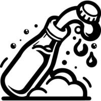 Fountain of sparkling water bursts out of a bottle in monochrome. Cool summer drink. Simple minimalistic in black ink drawing on white background vector