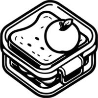 Crispy bread and ripe apple in lunchbox in monochrome. Simple minimalistic in black ink drawing on white background vector