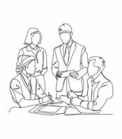 Continuous one line art of young business man and business woman discussing project. vector