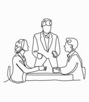 Continuous line drawing two business men shaking hands, character of three men at a business meeting. vector