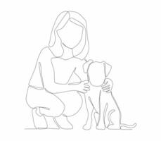 One continuous line drawing of a woman is playing with her pet vector