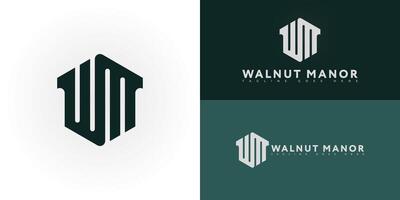 Abstract initial hexagon letter WM or MW logo in green color isolated on multiple background colors. The logo is suitable for Real Estate Company logo design inspiration templates. vector