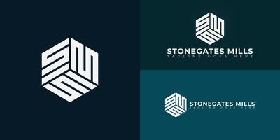 Abstract initial hexagon letter SM or MS logo in white color isolated on multiple background colors. The logo is suitable for Real Estate Development Company logo design inspiration templates. vector