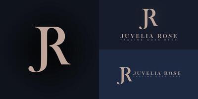 Abstract initial letter JR or RJ logo in gold color isolated on multiple background colors. The logo is suitable for beauty and fashion logo design inspiration templates. vector