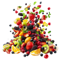 Fruit Salad with Fresh Fruits and Berries Falling from the Sky on Transparent background AI-Generative png