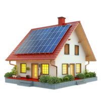 3D Rendering of White House with Red Roof, Solar Panels, and Chimney on Transparent background AI-Generative png