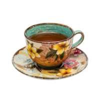 Floral Teacup on Saucer Filled with Brown Tea on Transparent background AI-Generative png