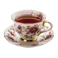 Teacup with Floral Pattern and Gold Handle Filled with Tea on Transparent background AI-Generative png