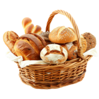 Brown Woven Basket Filled with Various Types of Bread on White Cloth on Transparent background AI-Generative png