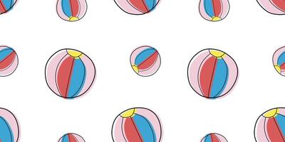 Seamless pattern with colorful beach balls on white background. Baby pattern. Outline and Color Summer toy Template for Print, Fabric, Textile, Clothes, Wallpaper. Linear illustration Graphic vector