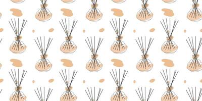 Aromatherapy seamless pattern. Aroma diffuser, essential oil for home. outline, line art illustration concept with Color Abstract shape. Glass Jar Different with Wooden Bamboo Aroma Sticks vector