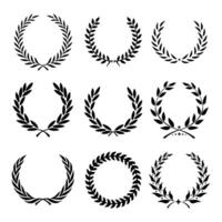 Black laurels set. Circular foliate laurels branches. Laurel wreath silhouette vector