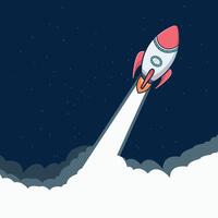 Rocket ship flies up with sky clouds on blue background. Flat icon. illustration with flying shuttle. Space travel. Space rocket launch. New project start up concept. Creative idea vector