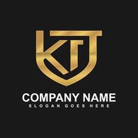 Initial logo letter KT with shield golden color isolated on black background, logotype design for company identity vector