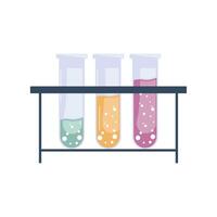 Lab chemical tubes set. Laboratory and chemical experiments and tests. Yellow, green and violet liquids, reagents. Template and layout. Cartoon flat collection vector