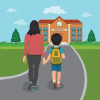 Back view little boy student with his mother walking go to school holding hands vector