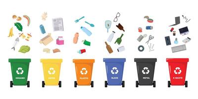 Sorting and recycling garbage by material with different types of colored waste bins with symbols for organic, paper, glass, plastic, metal, e-waste vector