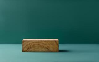 Abstract empty podium wooden geometric shapes, green background. Template for demonstrating products photo