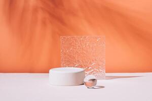 Abstract podium various geometric shapes and materials, stone glass, bright coral empty background, photo