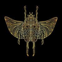 A golden beetle in a linear style. Linear illustration vector