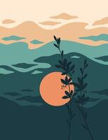 landscape background.wall art . Foliage line art drawing with abstract shape vector