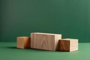 Abstract empty podium wooden geometric shapes, green background. Template for demonstrating products photo