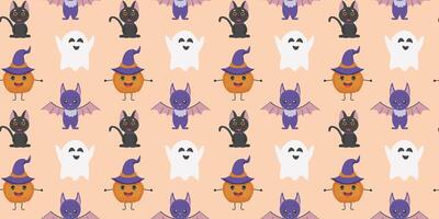 Seamless pattern with pumpkin, ghosts, bat, cat. Cute Halloween print for design, background, wrapping paper and web design. illustration vector