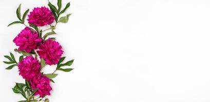 Beautiful burgundy pink peonies stand in a round vase on the table. Light background selective focus. Horizontal frame photo