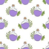 Pattern with magic purple flasks bottles, doodle hand drawn in boho style with leaves, on white background. vector