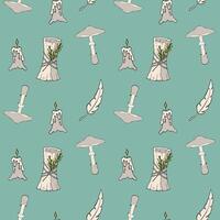 Magic pattern with toadstool candles and magic scrolls, doodle hand drawings. vector